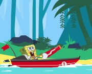 SpongeBob mit dem Boot auf dem Fluss
